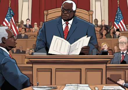 Clarence Thomas Critiques Racial Litmus Tests in Debate with Ted Cruz — AI-generated editorial illustration