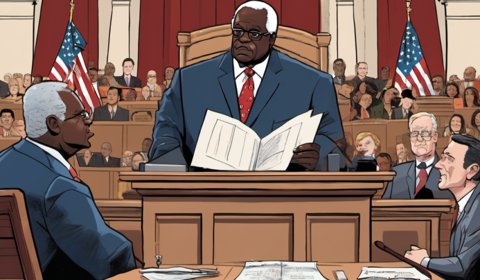 Clarence Thomas Critiques Racial Litmus Tests in Debate with Ted Cruz — AI-generated editorial illustration