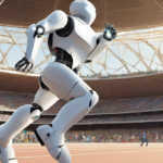 Robots Outrun Olympians in Beijing’s Humanoid Games — AI-generated editorial illustration