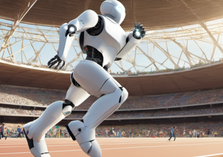 Robots Outrun Olympians in Beijing’s Humanoid Games — AI-generated editorial illustration