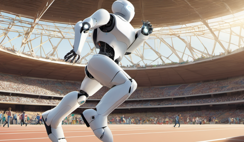 Robots Outrun Olympians in Beijing’s Humanoid Games — AI-generated editorial illustration