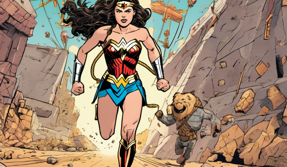 Sydney Sweeney Dons Wonder Woman for Fun Obstacle Course with Scooter Braun — AI-generated editorial illustration