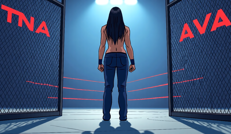 Bayley Turns Up at TNA Lockdown 2026: A WWE Star Behind the Scenes — AI-generated editorial illustration