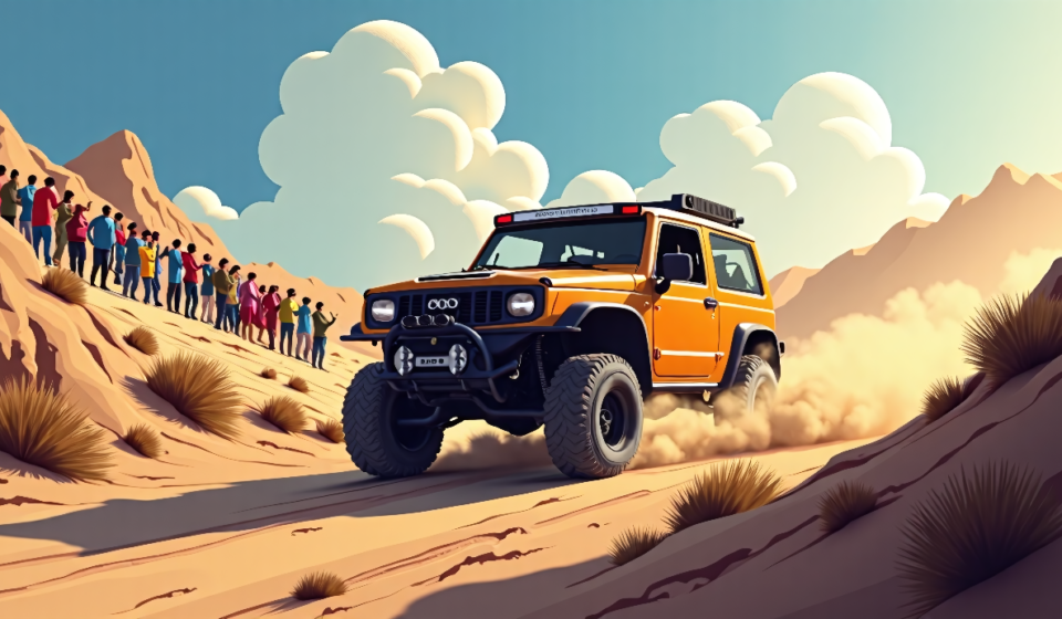 Stone Cold Steve Austin Crashes Off‑Road Race, Vehicle Damaged — AI-generated editorial illustration