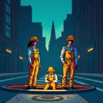 Three Mysterious Figures Emerge from Manhattan Manhole Near Penn Station — AI-generated editorial illustration