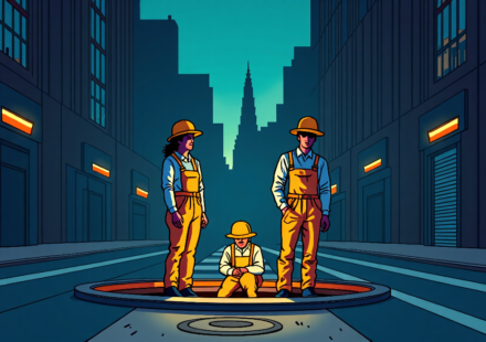 Three Mysterious Figures Emerge from Manhattan Manhole Near Penn Station — AI-generated editorial illustration