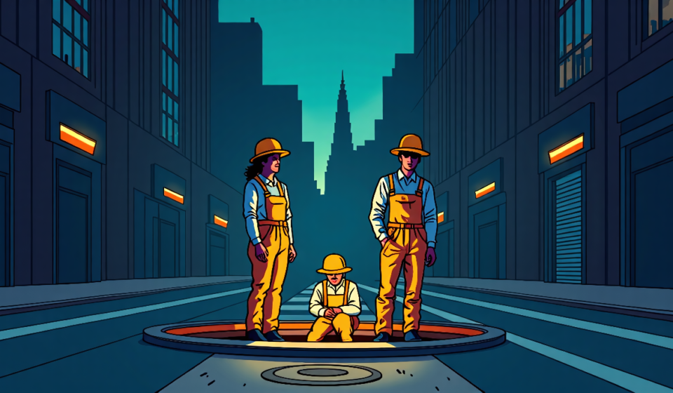 Three Mysterious Figures Emerge from Manhattan Manhole Near Penn Station — AI-generated editorial illustration