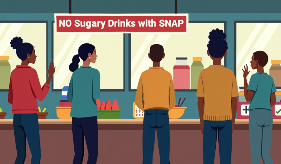 SNAP Soda Ban Cuts Sales but Raises Stigma Concerns — AI-generated editorial illustration