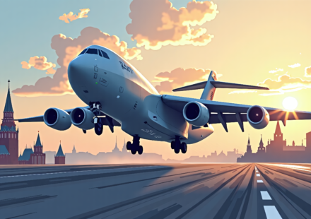 U.S. C‑17A Lands at Moscow’s Vnukovo, Kremlin Claims No Knowledge — AI-generated editorial illustration