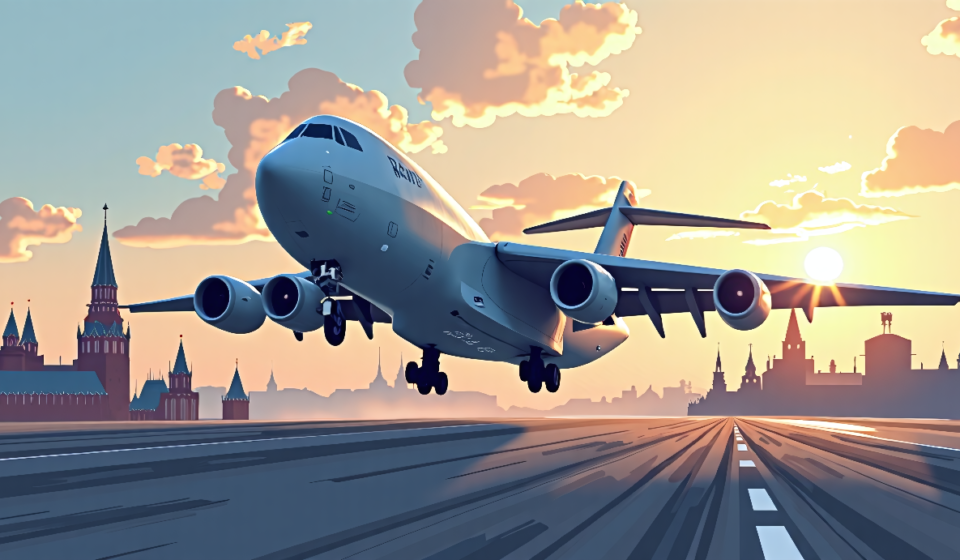 U.S. C‑17A Lands at Moscow’s Vnukovo, Kremlin Claims No Knowledge — AI-generated editorial illustration