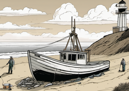 Fishing Vessel Gears Up for Cleanup After Grounding at Point Reyes Beach — AI-generated editorial illustration