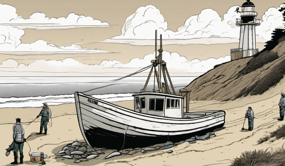 Fishing Vessel Gears Up for Cleanup After Grounding at Point Reyes Beach — AI-generated editorial illustration