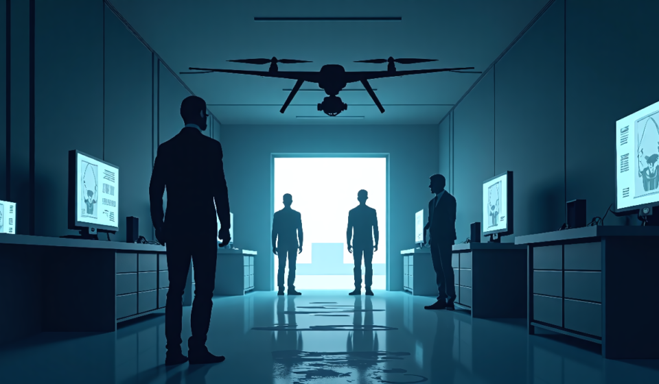 Former Russian Diplomat Warns UK Drone Factories Face Unknown Threats — AI-generated editorial illustration