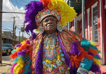 The Ancient Art of Mardi Gras Indian Suit-Making — AI-generated editorial illustration