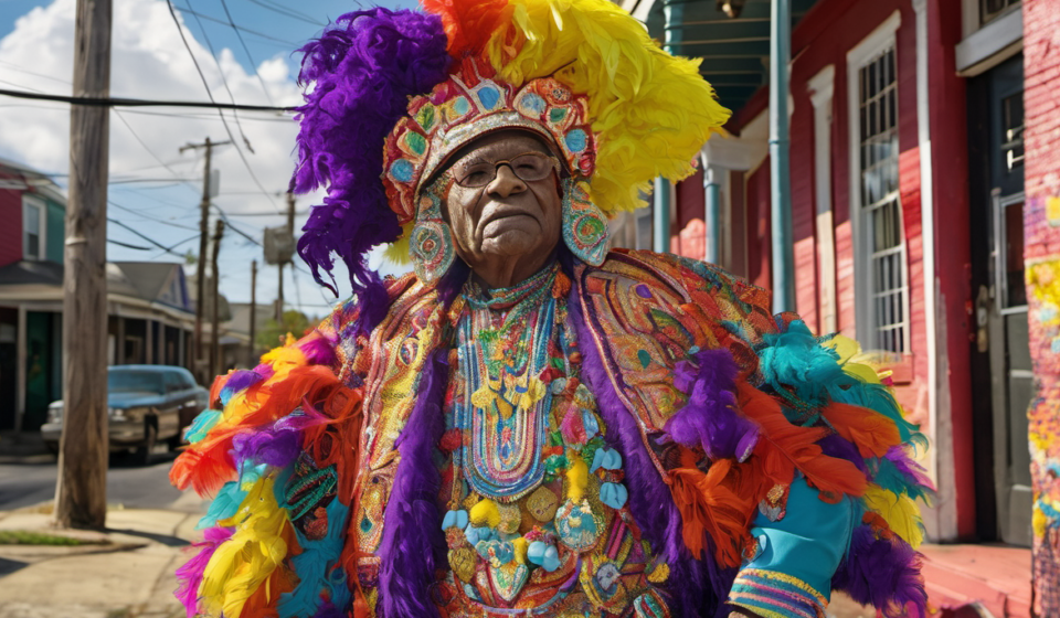 The Ancient Art of Mardi Gras Indian Suit-Making — AI-generated editorial illustration