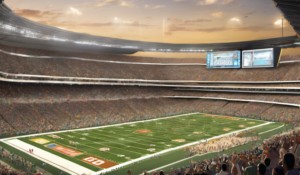 Polymarket’s $10 Trade, $20 Bonus Boosts College Football Betting — AI-generated editorial illustration