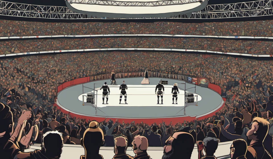 AEW All In: Trios Title Plans Still Uncertain Amid Kingston, Woods Rumors — AI-generated editorial illustration