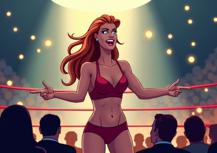Trish Stratus Revisits Her Gravy Bowl Moment and WrestleMania 18 — AI-generated editorial illustration