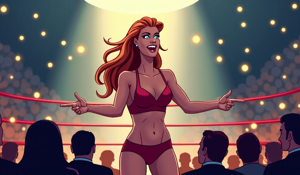 Trish Stratus Revisits Her Gravy Bowl Moment and WrestleMania 18 — AI-generated editorial illustration