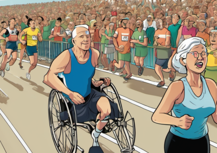 Couple Tackles Marathons Together—One on Foot, One in a Racing Wheelchair — AI-generated editorial illustration