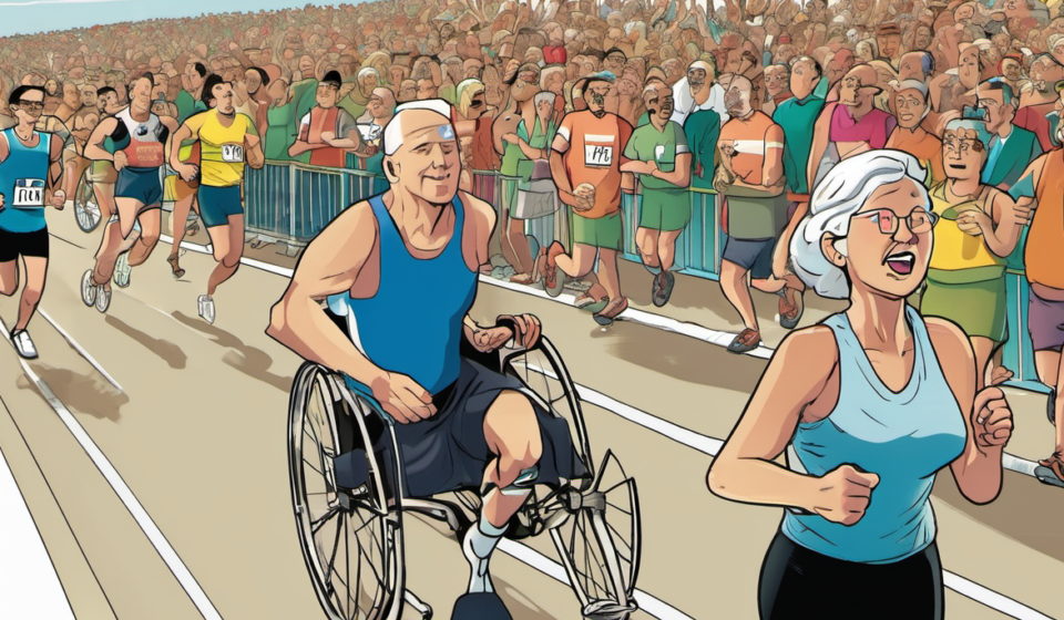 Couple Tackles Marathons Together—One on Foot, One in a Racing Wheelchair — AI-generated editorial illustration