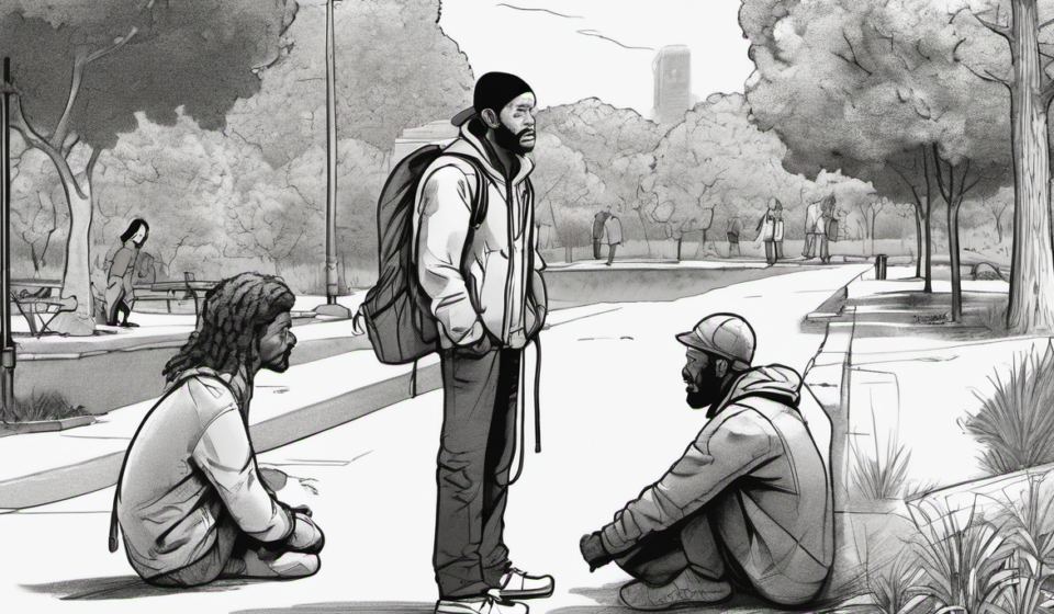 A Chance Encounter: How a Branded Backpack Reconnected a Former Athlete to Hope — AI-generated editorial illustration