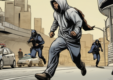 Wanted Man Escapes Twice, Then Walks Into Panda Express Lunch — AI-generated editorial illustration