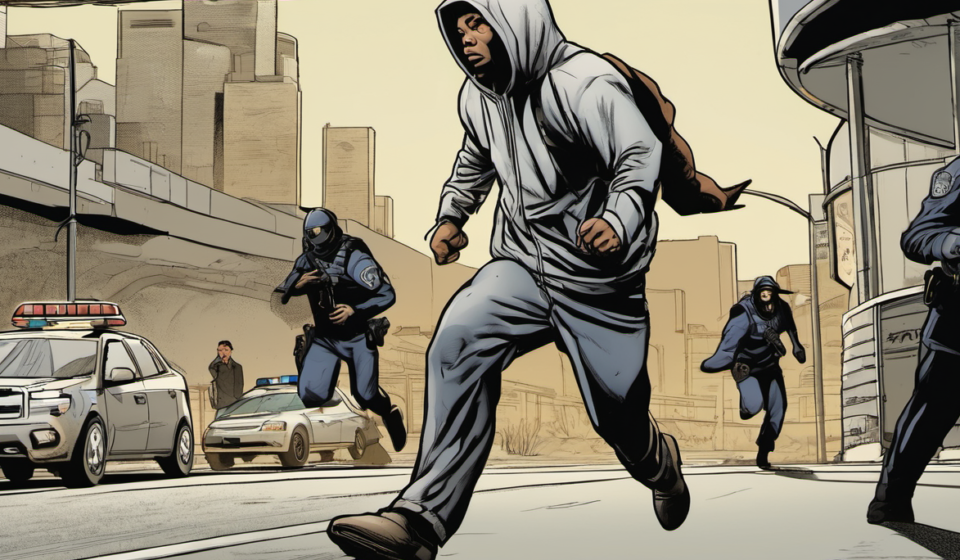 Wanted Man Escapes Twice, Then Walks Into Panda Express Lunch — AI-generated editorial illustration