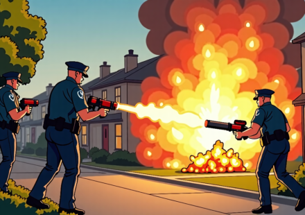 61‑Year‑Old Man Fires Homemade Flamethrower at Police During Eviction — AI-generated editorial illustration