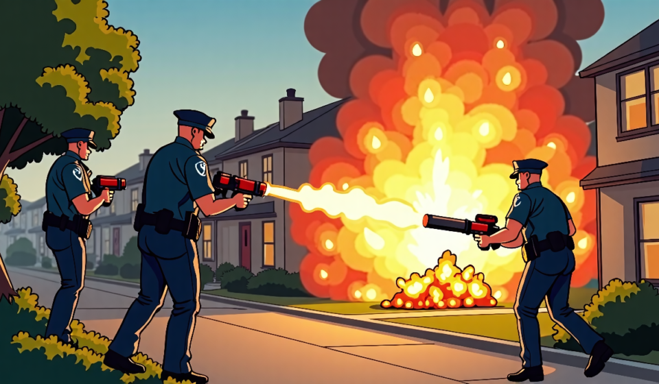 61‑Year‑Old Man Fires Homemade Flamethrower at Police During Eviction — AI-generated editorial illustration