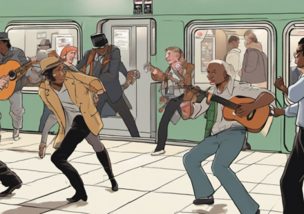 Mike Myers Dances Ballet in Toronto Subway, No Costume Needed — AI-generated editorial illustration