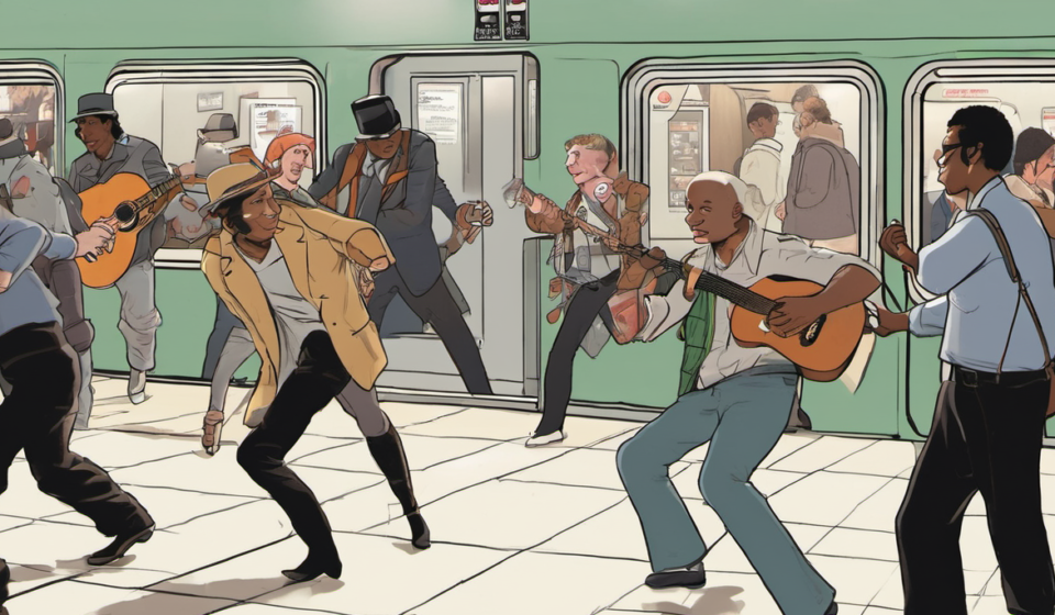 Mike Myers Dances Ballet in Toronto Subway, No Costume Needed — AI-generated editorial illustration