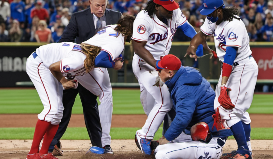 Vladimir Guerrero Jr. Injury: Blue Jays Star Kneed in the Head During Chaotic Play — AI-generated editorial illustration