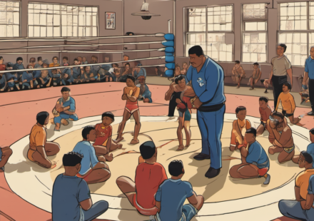 Jacob Fatu Coaches WWE Legend’s Sons at The Dungeon — AI-generated editorial illustration
