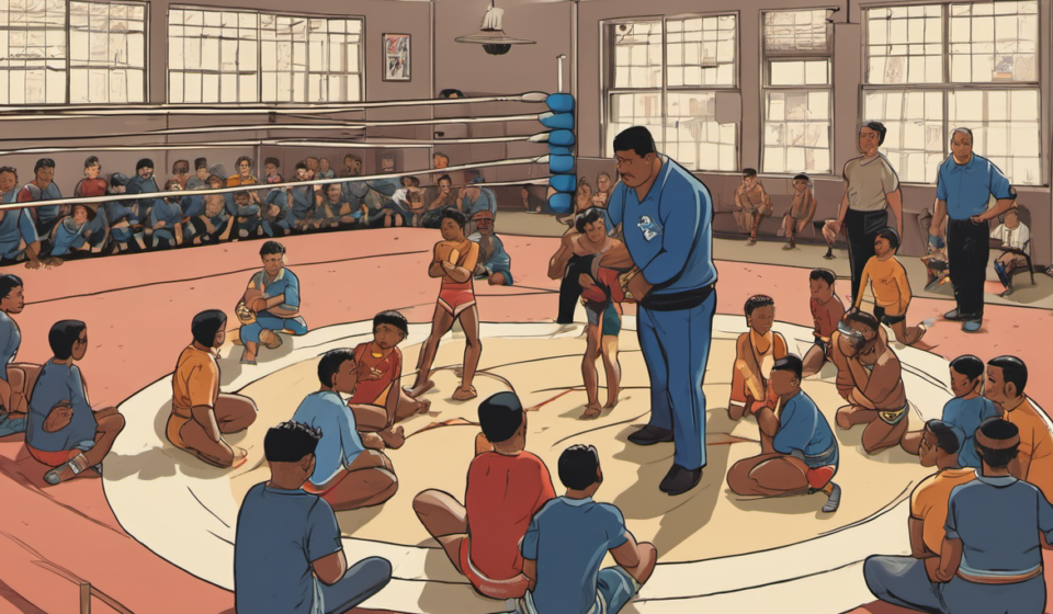 Jacob Fatu Coaches WWE Legend’s Sons at The Dungeon — AI-generated editorial illustration