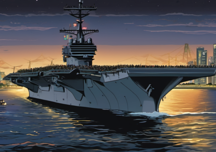 USS Lincoln Passes Singapore Strait After 9‑Month Deployment — AI-generated editorial illustration