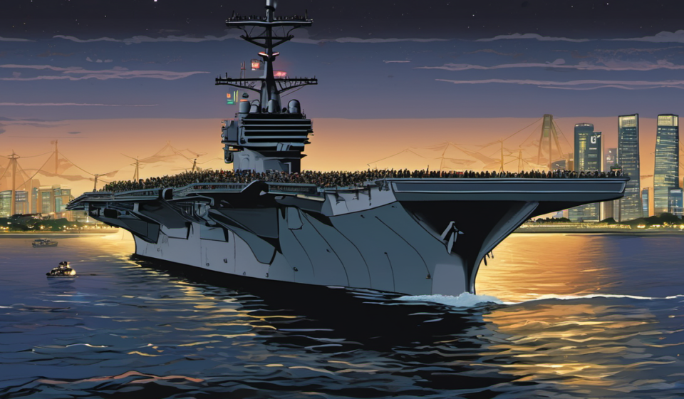 USS Lincoln Passes Singapore Strait After 9‑Month Deployment — AI-generated editorial illustration