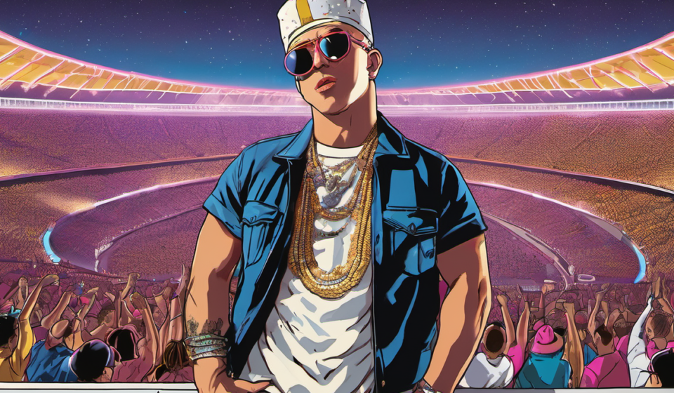 Bad Bunny Set to Light Up Super Bowl LX Halftime Show in Santa Clara — AI-generated editorial illustration