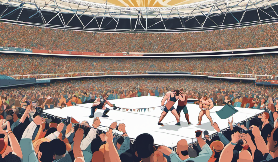 The New Day’s New Era: Kofi & Austin Creed Debut in AEW at All In London — AI-generated editorial illustration