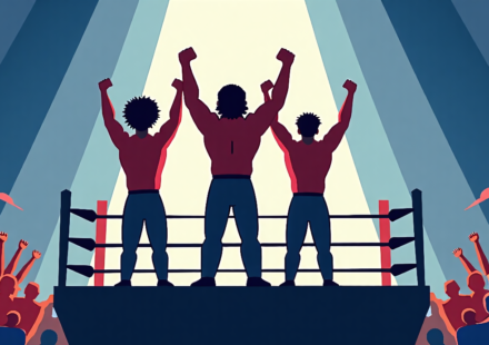 New Level Dominates AEW Debut, Wins Trios Titles at All In — AI-generated editorial illustration
