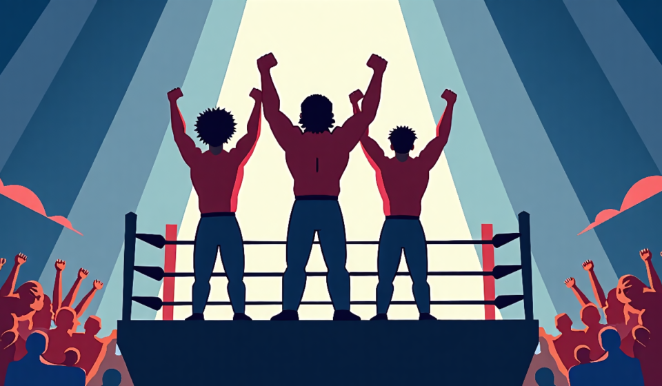 New Level Dominates AEW Debut, Wins Trios Titles at All In — AI-generated editorial illustration