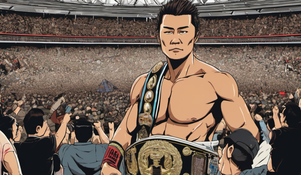 Okada Claims AEW International Title at All In London — AI-generated editorial illustration