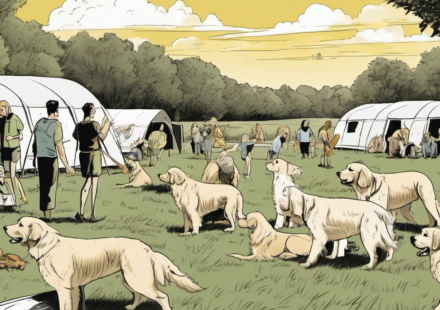 Camp Goldie: New Jersey’s Golden Retriever Play Dates for Humans — AI-generated editorial illustration