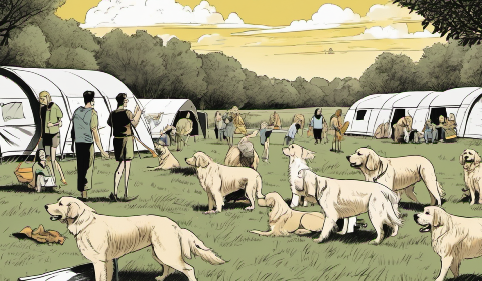 Camp Goldie: New Jersey’s Golden Retriever Play Dates for Humans — AI-generated editorial illustration