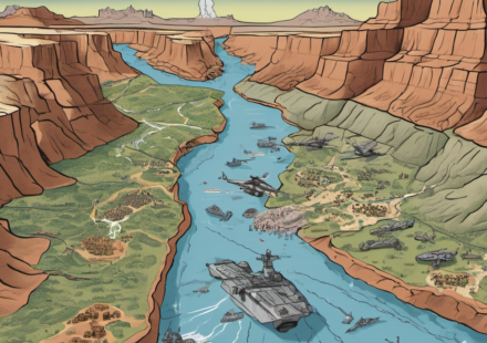 U.S. and Iran Exchange Strikes Amid Flash Flood Tragedy — AI-generated editorial illustration