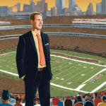 From Eviction to Empire: Josh Pate's College Football Media Rise — AI-generated editorial illustration