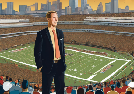 From Eviction to Empire: Josh Pate's College Football Media Rise — AI-generated editorial illustration