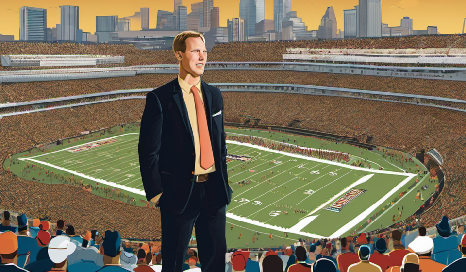 From Eviction to Empire: Josh Pate's College Football Media Rise — AI-generated editorial illustration