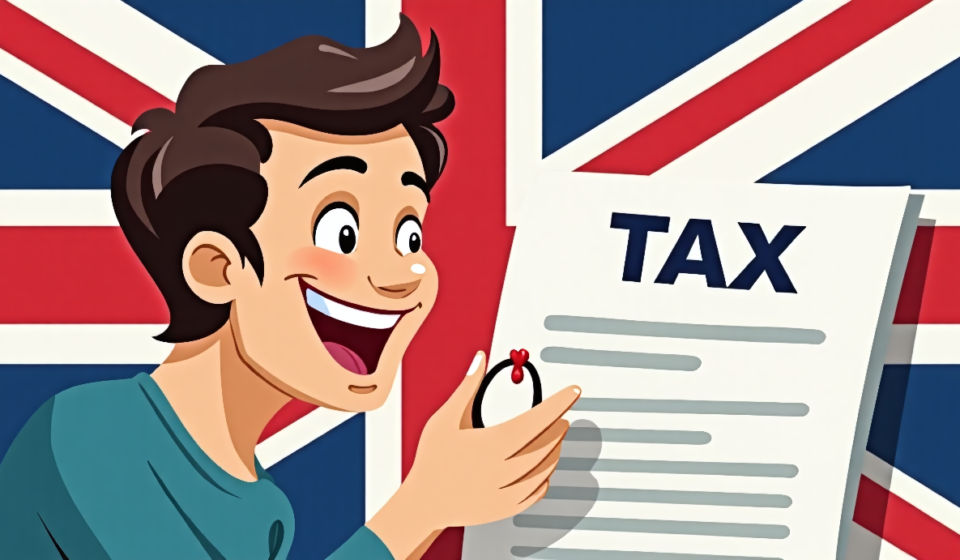 Ricky Gervais Teases Marriage After 40 Years Over UK Inheritance Tax — AI-generated editorial illustration