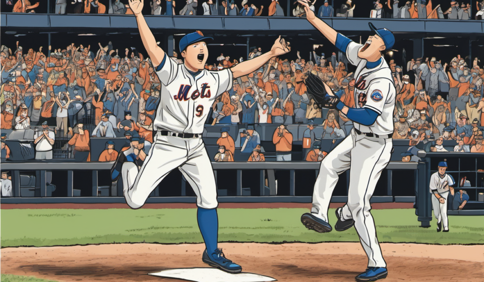 Mets' Jefry Yan's High-Flying Strikeout Celebration Goes Awry — AI-generated editorial illustration